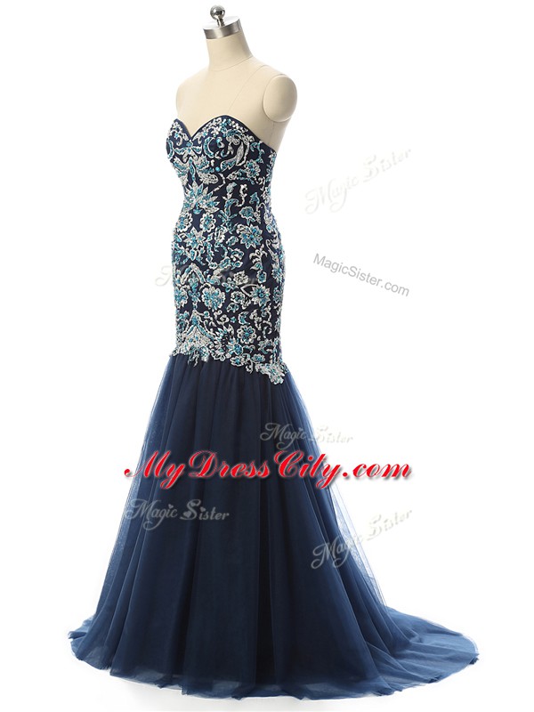 Flirting With Train Mermaid Sleeveless Navy Blue Prom Evening Gown Zipper