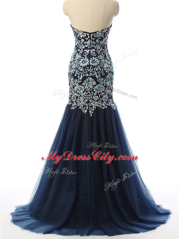 Flirting With Train Mermaid Sleeveless Navy Blue Prom Evening Gown Zipper