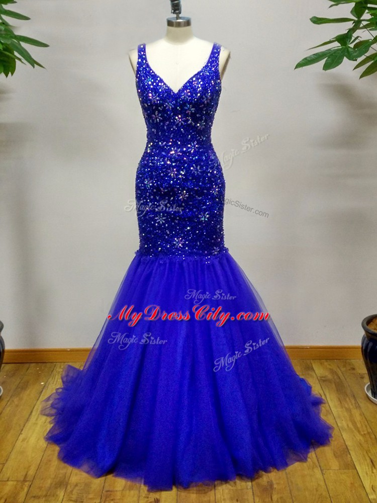 Straps Sleeveless Brush Train Criss Cross Juniors Party Dress Royal Blue Tulle