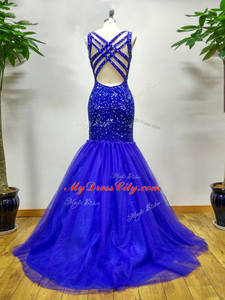 Straps Sleeveless Brush Train Criss Cross Juniors Party Dress Royal Blue Tulle