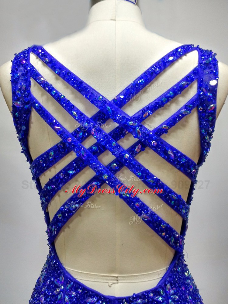 Straps Sleeveless Brush Train Criss Cross Juniors Party Dress Royal Blue Tulle