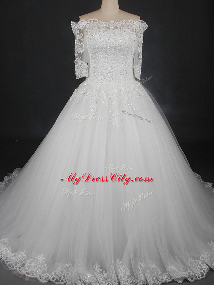 Lovely White Lace Up Wedding Dresses Lace Half Sleeves Floor Length