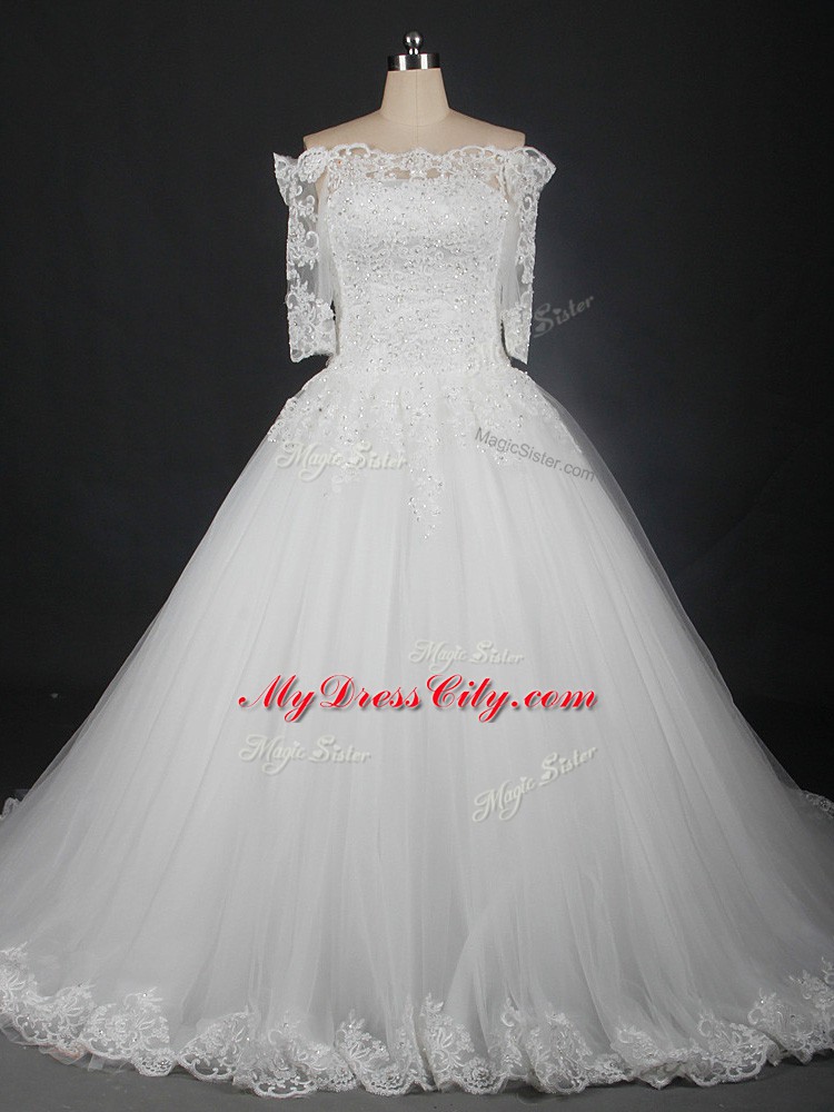 Lovely White Lace Up Wedding Dresses Lace Half Sleeves Floor Length