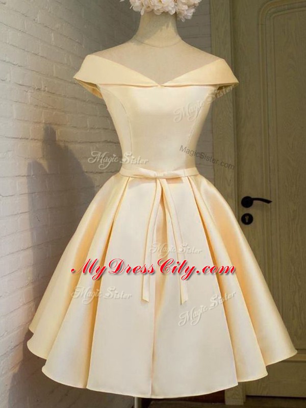 On Sale Champagne A-line Taffeta Off The Shoulder Cap Sleeves Belt Knee Length Lace Up Bridesmaid Dresses