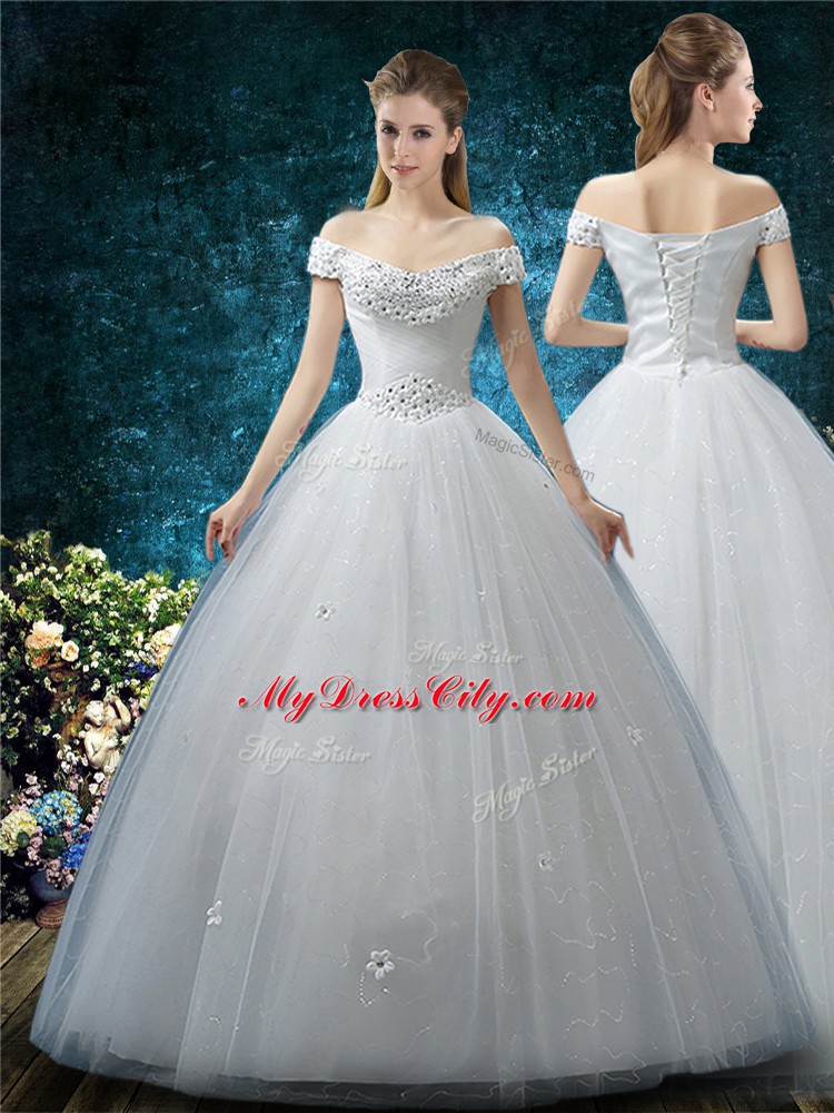 White Ball Gowns Tulle Off The Shoulder Cap Sleeves Beading and Appliques Floor Length Lace Up Wedding Gown