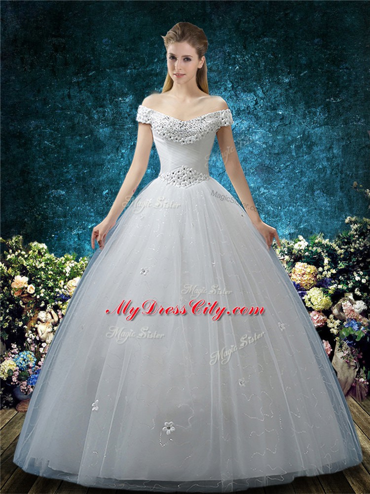 White Ball Gowns Tulle Off The Shoulder Cap Sleeves Beading and Appliques Floor Length Lace Up Wedding Gown