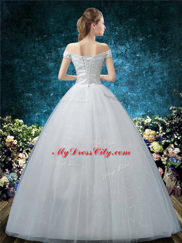 White Ball Gowns Tulle Off The Shoulder Cap Sleeves Beading and Appliques Floor Length Lace Up Wedding Gown