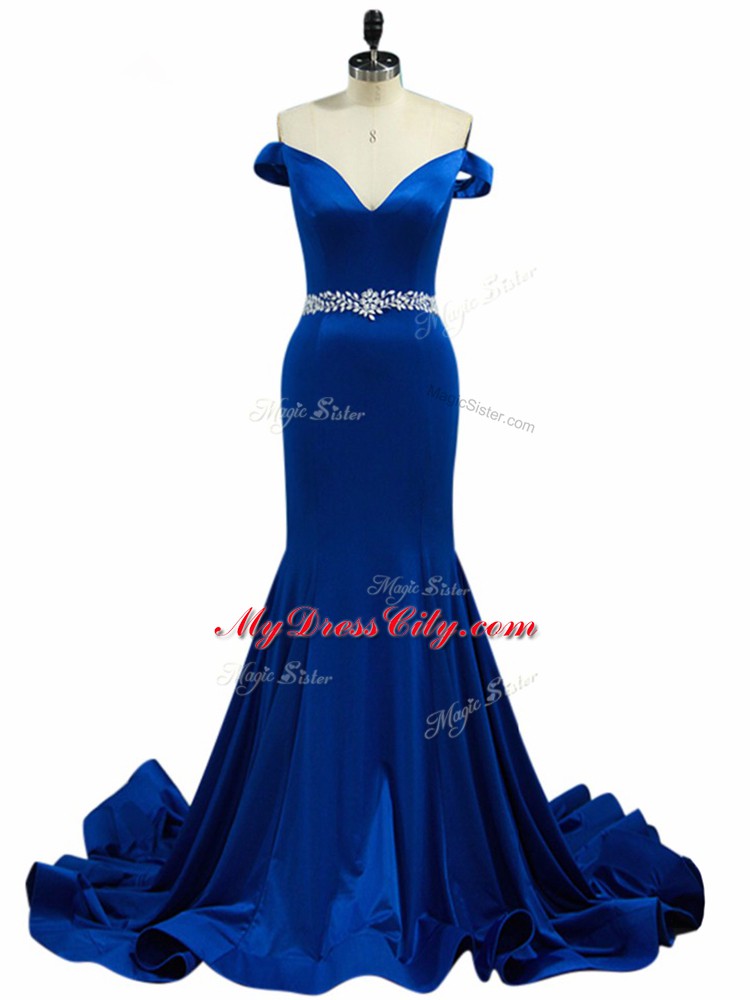 Pretty Brush Train Mermaid Prom Party Dress Royal Blue Off The Shoulder Elastic Woven Satin Sleeveless Zipper