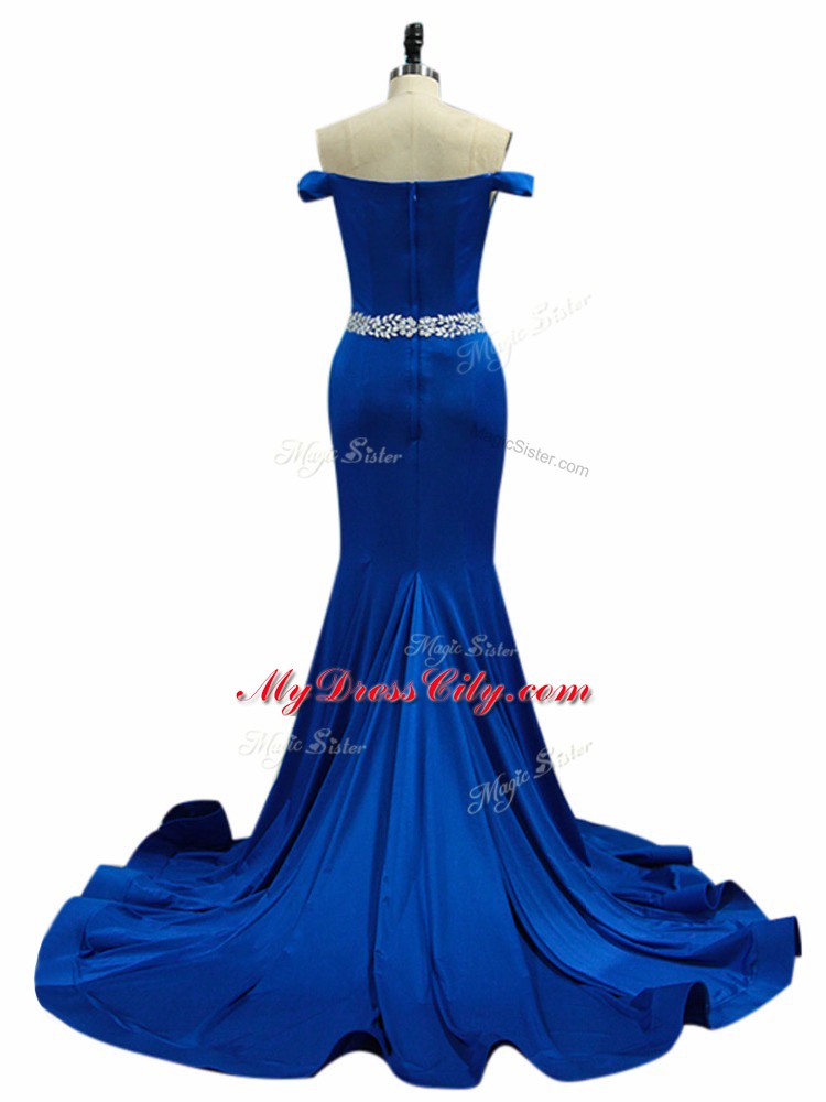 Pretty Brush Train Mermaid Prom Party Dress Royal Blue Off The Shoulder Elastic Woven Satin Sleeveless Zipper