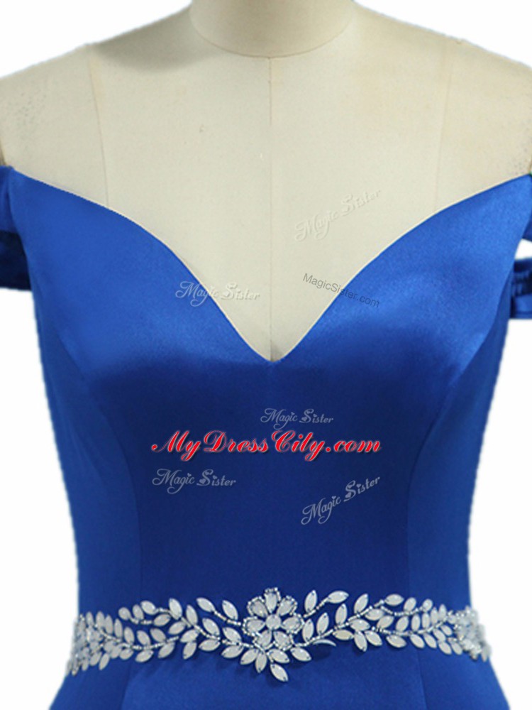 Pretty Brush Train Mermaid Prom Party Dress Royal Blue Off The Shoulder Elastic Woven Satin Sleeveless Zipper