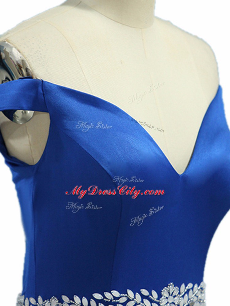 Pretty Brush Train Mermaid Prom Party Dress Royal Blue Off The Shoulder Elastic Woven Satin Sleeveless Zipper