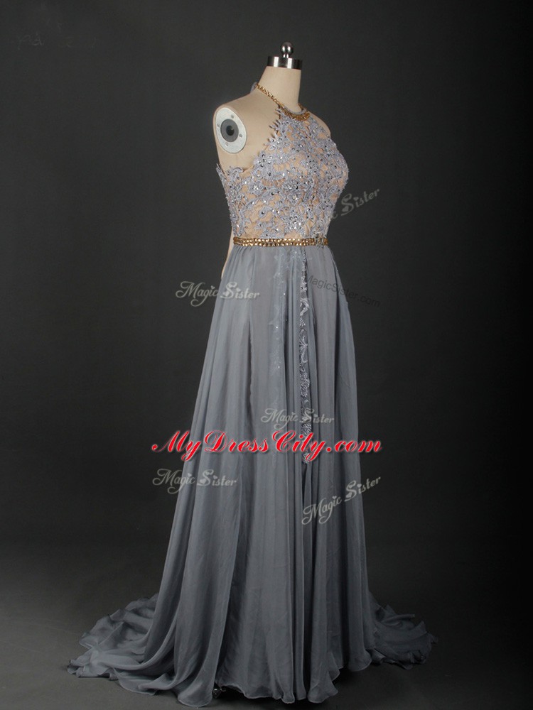 Attractive Grey Empire Halter Top Sleeveless Chiffon Brush Train Lace Up Beading and Appliques Pageant Dress Womens