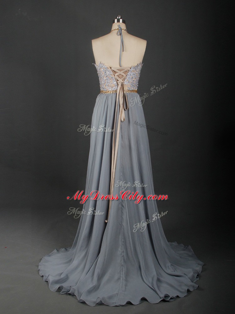 Attractive Grey Empire Halter Top Sleeveless Chiffon Brush Train Lace Up Beading and Appliques Pageant Dress Womens