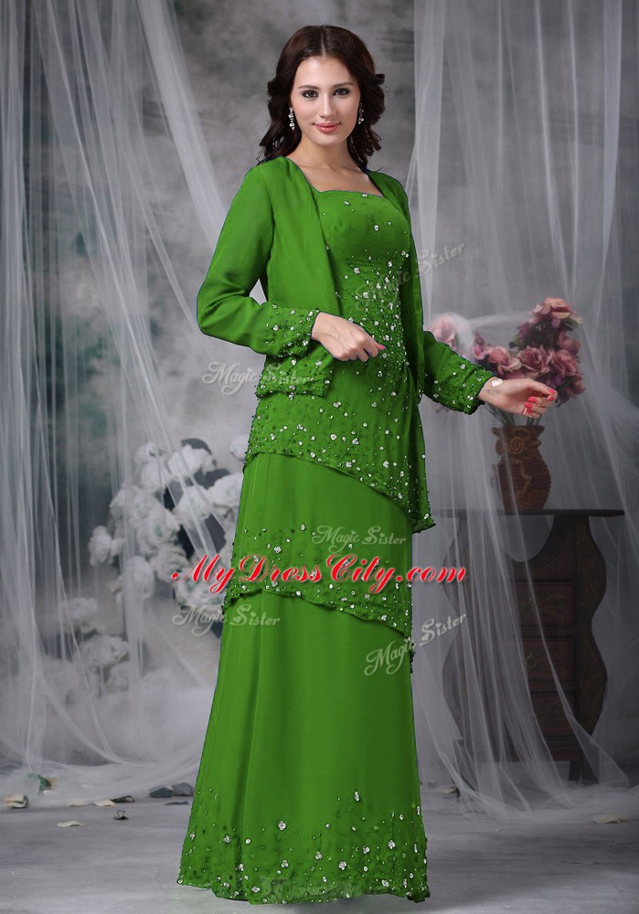 Trendy Green Sleeveless Floor Length Beading Zipper Mother of the Bride Dress