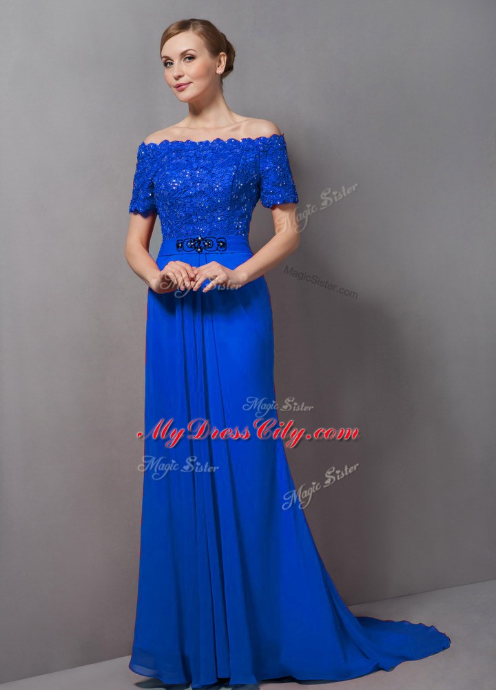 Affordable Off The Shoulder Short Sleeves Sweep Train Zipper Mother Dresses Blue Chiffon