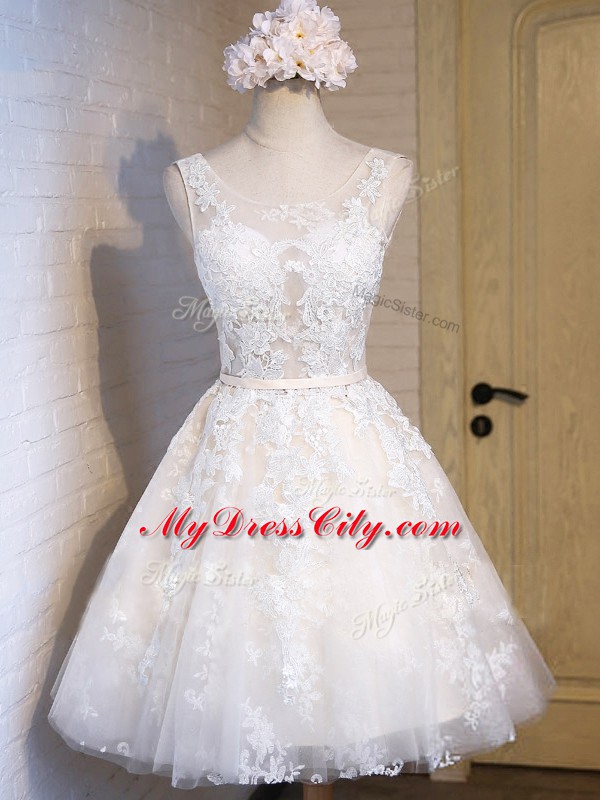 High End Appliques Prom Gown White Lace Up Sleeveless Mini Length