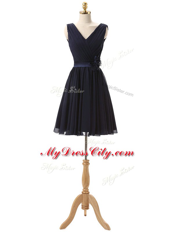 Artistic Navy Blue Sleeveless Hand Made Flower Mini Length Bridesmaid Dresses