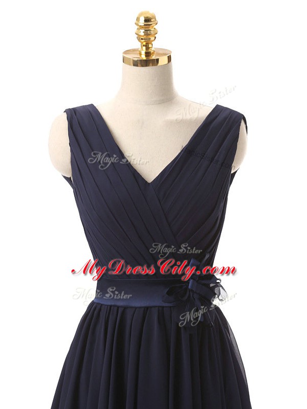 Artistic Navy Blue Sleeveless Hand Made Flower Mini Length Bridesmaid Dresses