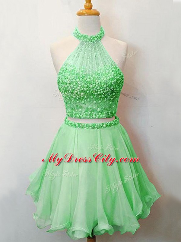 Green Organza Lace Up Halter Top Sleeveless Knee Length Bridesmaid Dress Beading