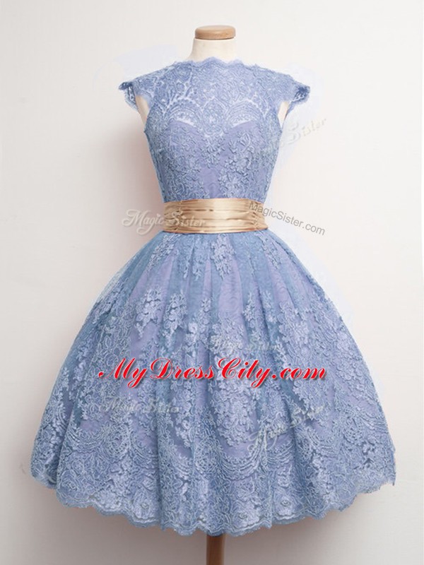 Blue Lace Lace Up High-neck Cap Sleeves Knee Length Bridesmaid Gown Belt