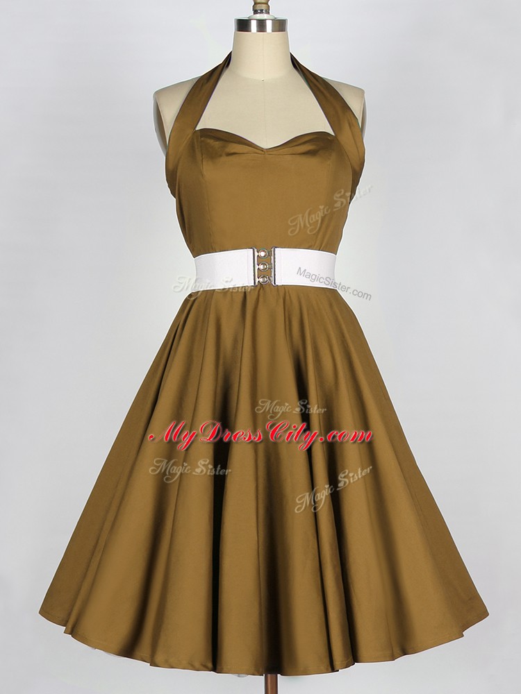 Knee Length Brown Dama Dress for Quinceanera Halter Top Sleeveless Lace Up