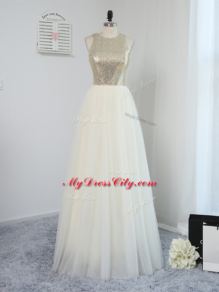 Light Yellow Empire Scoop Sleeveless Tulle Floor Length Backless Sequins Quinceanera Court Dresses