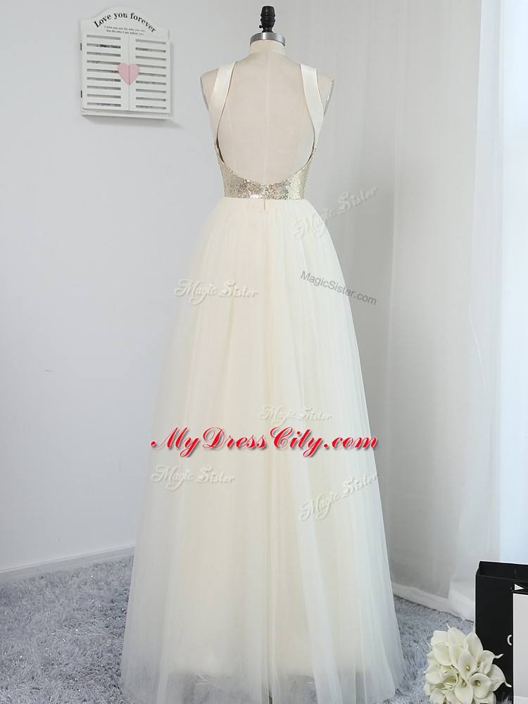 Light Yellow Empire Scoop Sleeveless Tulle Floor Length Backless Sequins Quinceanera Court Dresses