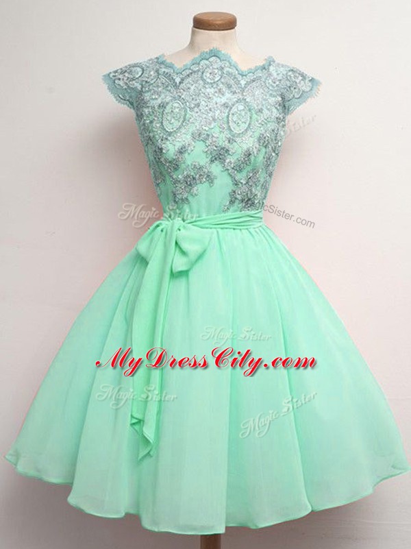 Lovely Apple Green Chiffon Lace Up Wedding Guest Dresses Cap Sleeves Knee Length Lace and Belt