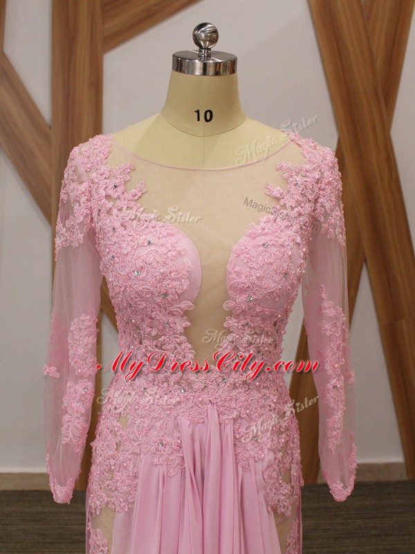 Pretty Baby Pink Scoop Neckline Lace and Appliques Mother Dresses Long Sleeves Zipper