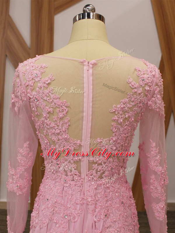 Pretty Baby Pink Scoop Neckline Lace and Appliques Mother Dresses Long Sleeves Zipper