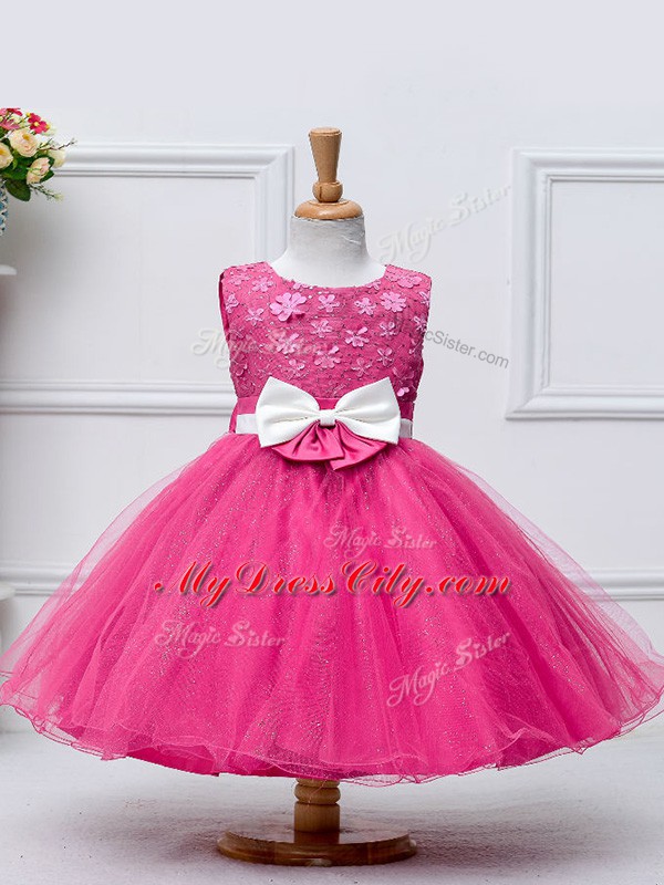 Superior Hot Pink Scoop Neckline Lace and Bowknot Toddler Flower Girl Dress Sleeveless Zipper