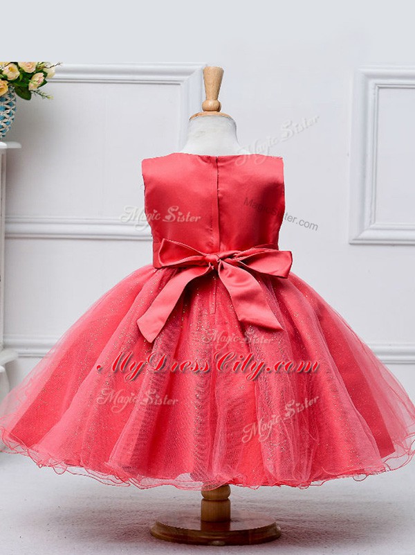 Superior Hot Pink Scoop Neckline Lace and Bowknot Toddler Flower Girl Dress Sleeveless Zipper