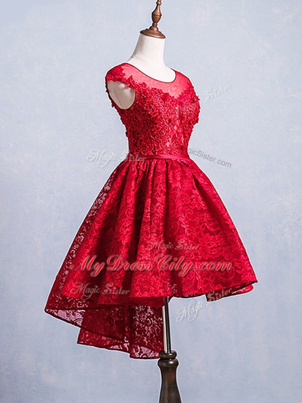 Suitable Red A-line Lace Scoop Short Sleeves Lace and Appliques and Belt High Low Lace Up Prom Party Dress