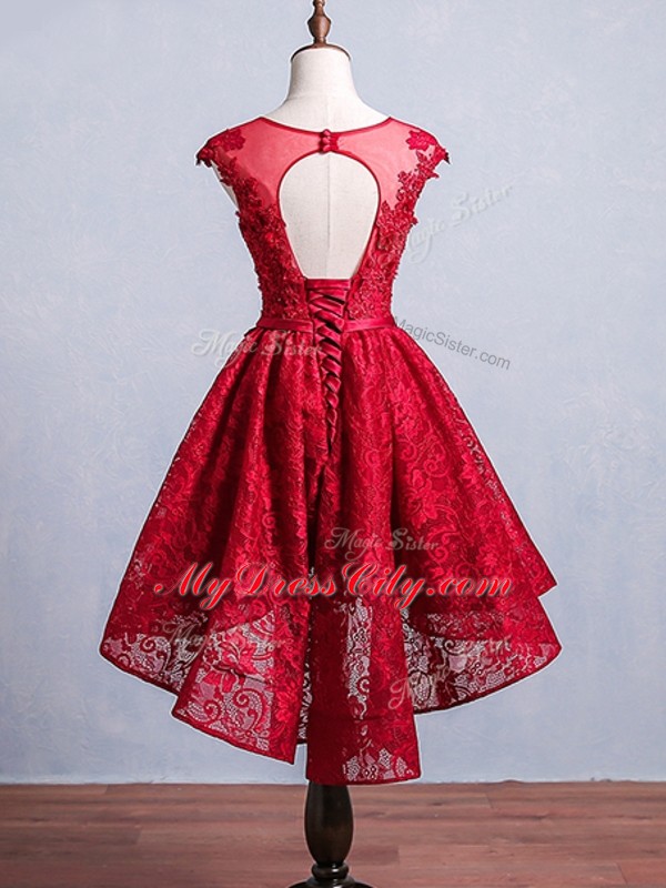 Suitable Red A-line Lace Scoop Short Sleeves Lace and Appliques and Belt High Low Lace Up Prom Party Dress