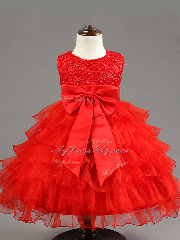 Modern Scoop Sleeveless Zipper Teens Party Dress Red Organza