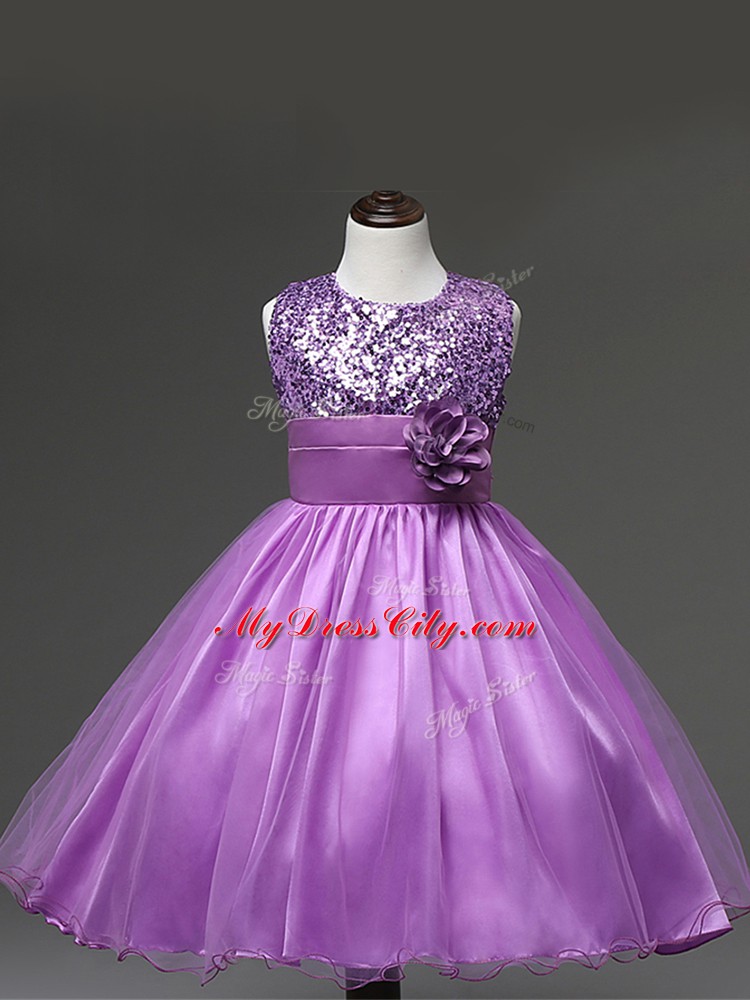 Fancy Lilac Tulle Zipper Scoop Sleeveless Knee Length Toddler Flower Girl Dress Sequins and Hand Made Flower