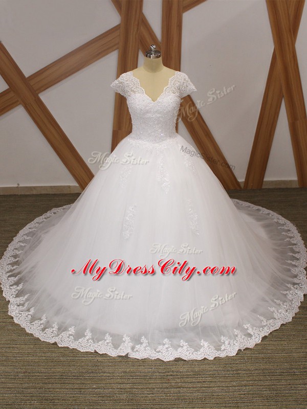 Tulle Short Sleeves Wedding Dress Chapel Train and Beading and Lace and Appliques