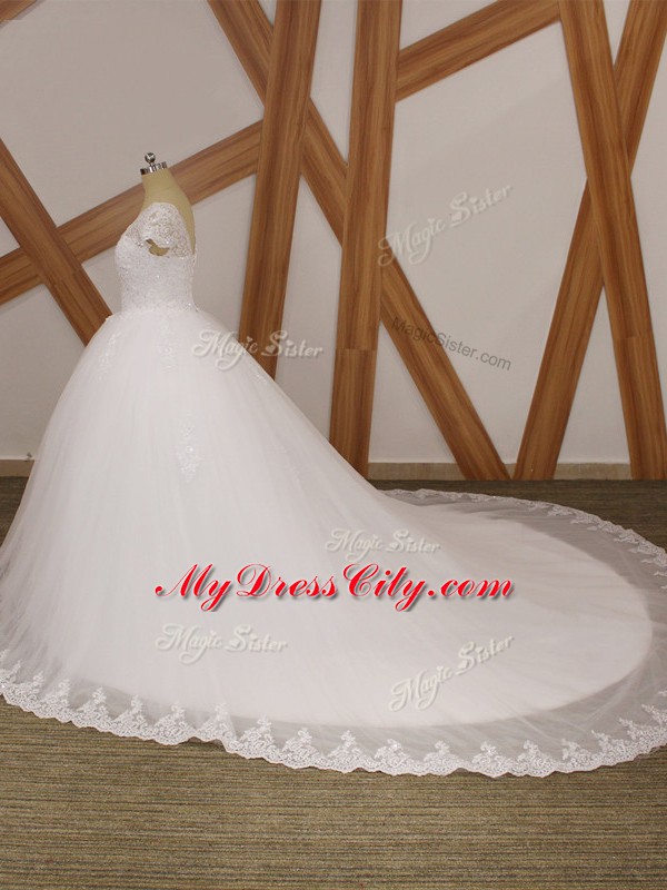 Tulle Short Sleeves Wedding Dress Chapel Train and Beading and Lace and Appliques