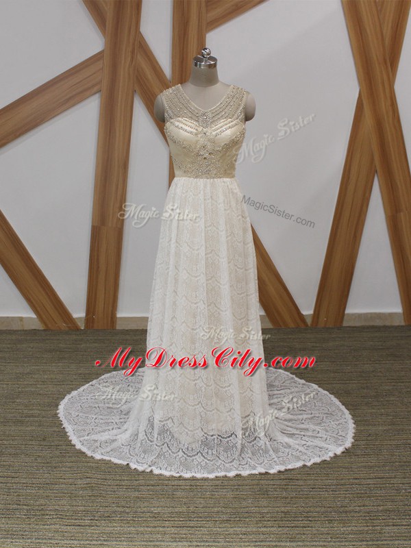 Vintage White V-neck Neckline Beading and Lace Wedding Gown Sleeveless Side Zipper