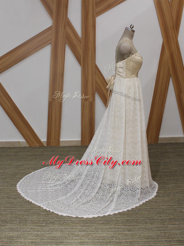 Vintage White V-neck Neckline Beading and Lace Wedding Gown Sleeveless Side Zipper