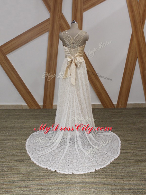 Vintage White V-neck Neckline Beading and Lace Wedding Gown Sleeveless Side Zipper