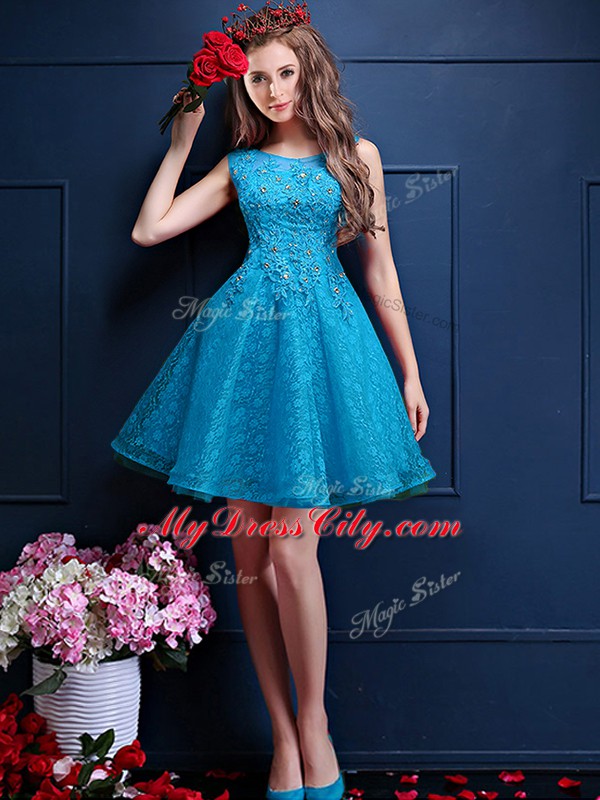 Bateau Sleeveless Lace Up Damas Dress Teal Tulle