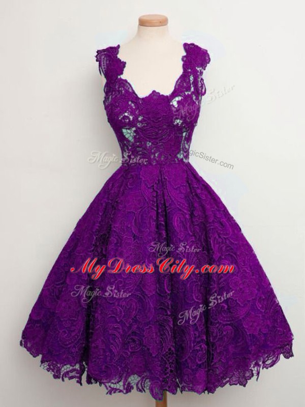 Beauteous Purple A-line Lace Bridesmaid Dresses Lace Up Lace Sleeveless Knee Length