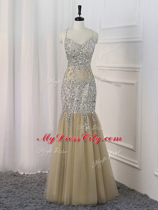 Classical Champagne Mermaid Sequins Prom Gown Backless Sequined Sleeveless Floor Length