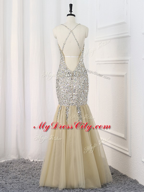 Classical Champagne Mermaid Sequins Prom Gown Backless Sequined Sleeveless Floor Length