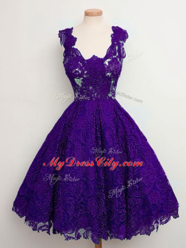 High Quality Sleeveless Lace Knee Length Lace Up Vestidos de Damas in Purple with Lace