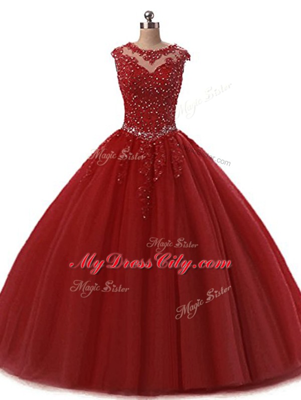 Luxurious Ball Gowns Quinceanera Dresses Wine Red Scoop Tulle Sleeveless Floor Length Lace Up