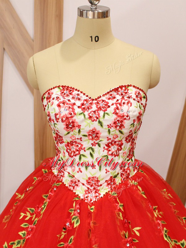 Custom Fit Sweep Train Ball Gowns 15 Quinceanera Dress Red Sweetheart Tulle Sleeveless Lace Up