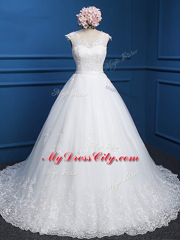 Modern V-neck Sleeveless Wedding Dresses Brush Train Lace and Appliques White Tulle