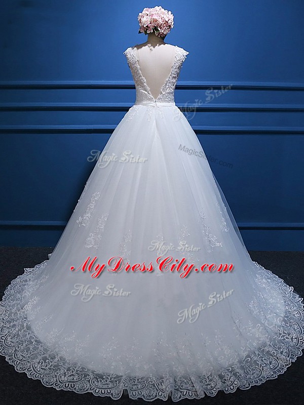 Modern V-neck Sleeveless Wedding Dresses Brush Train Lace and Appliques White Tulle